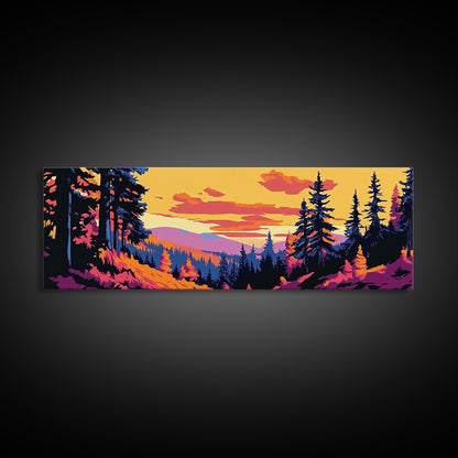 Pine Tree Landscape, Autumn Wilderness Art, Cozy Nature Decor, Warm Sunset Tones, Rustic Cabin Accent, Woodland Aesthetic, Canvas Print