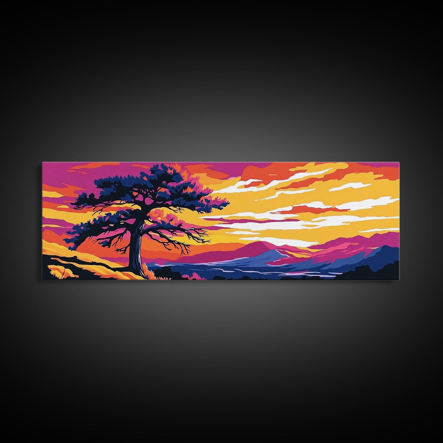 Lone Tree Art, Sonnenuntergangslandschaft, Naturwanddeko, Bergblick, Rustikale Wohnkunst, Südwest-Ästhetik, Großes Wandbild, Leinwanddruck
