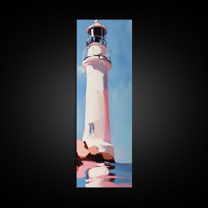 Lighthouse, Pink Sky, Nautical, Coastal Wall Art, Beach Home Decor, Ocean Painting, Modern Seascape, Framed Canvas Print