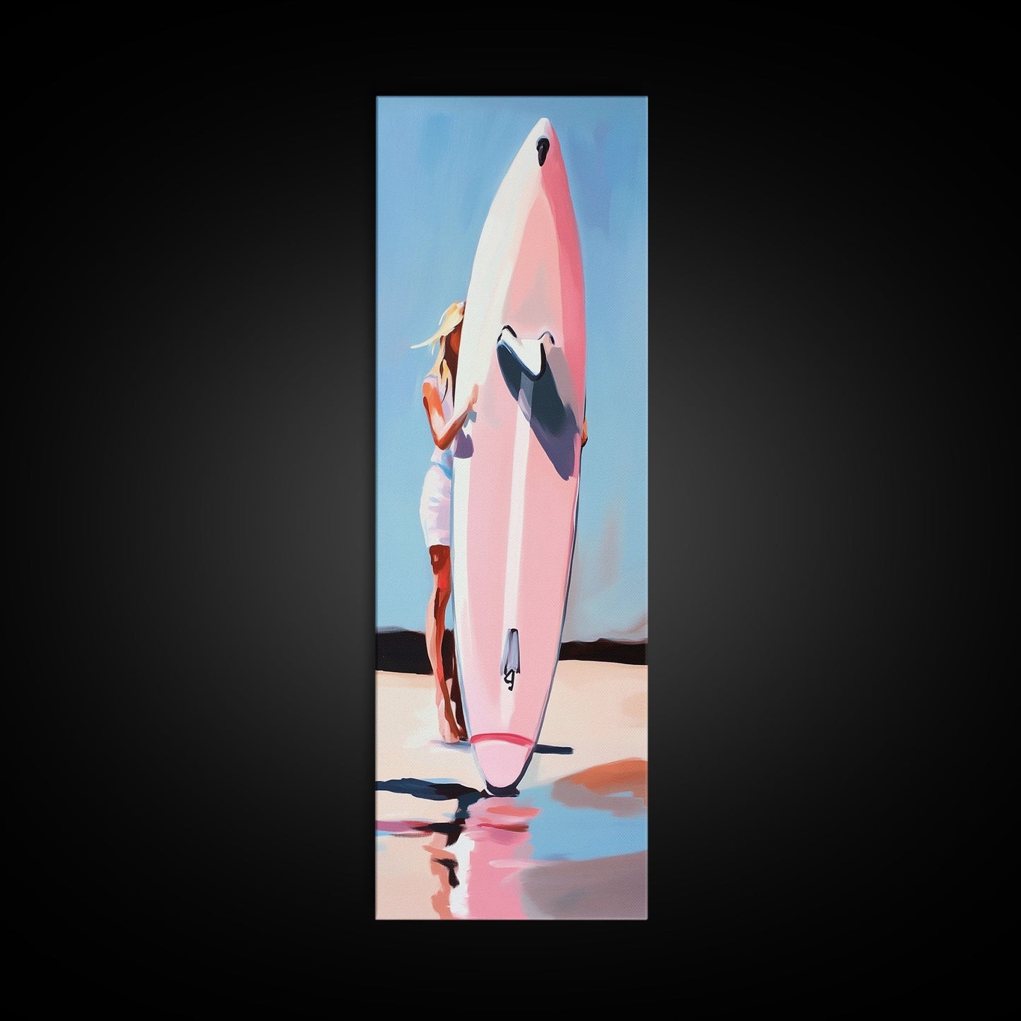 Surfbrett-Mädchen, Sommerstrand, Küstenästhetik, Leinwanddruck, Boho-Wandkunst, Minimalistisches Gemälde, Wohnzimmerdeko, Geschenk, Pastell