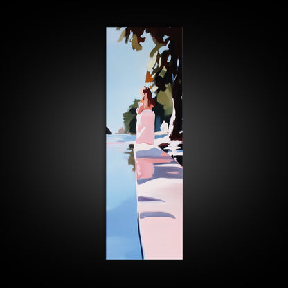 Woman by Water, Tranquil Scene, Framed Canvas Print, Serene Nature Art, Soft Pastel Aesthetic, Modern Minimalist, Dreamy Wall Decor