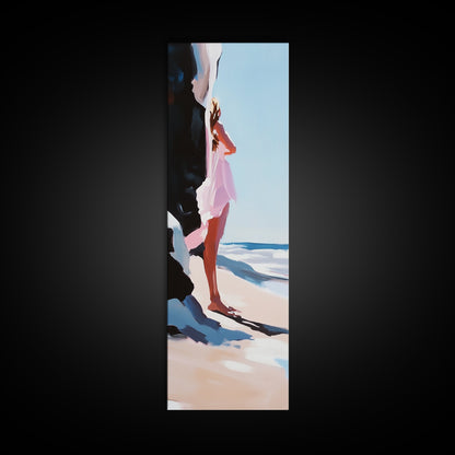 Serene Woman, Beach Reflection, Feminine Art, Framed Canvas Print, Coastal Aesthetic, Boho Minimalist, Bedroom Decor, Neutral Palette