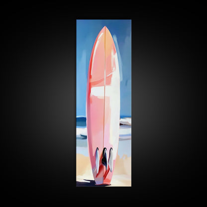 Pinkes Surfbrett, Strandhaus-Kunst, Küstenästhetik, Surfer-Lifestyle, Sommerfeeling, Gerahmter Leinwanddruck mit Ozeanmotiv, Moderne Wanddekoration