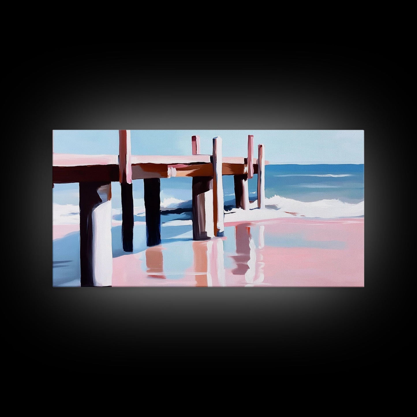 Strandpier-Gemälde, Küstenlandschaft, maritime Kunst, minimalistische moderne Ästhetik, entspannende sommerliche Wanddekoration, Leinwanddruck