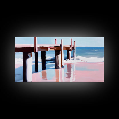 Strandpier-Gemälde, Küstenlandschaft, maritime Kunst, minimalistische moderne Ästhetik, entspannende sommerliche Wanddekoration, Leinwanddruck