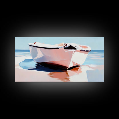 Beach Boat, Ocean Reflection, Coastal Calm, Canvas Print, Minimalist Nautical Art, Summer Home Decor, Living Room Wall Art, Tranquil Vibes