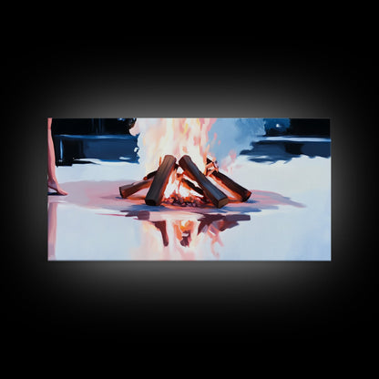 Gemütliches Lagerfeuer, Feuerspiegelung, Lagerfeuerglühen, Herbstnacht, gerahmter Leinwanddruck, Wandbild für die Hütte, rustikale Dekoration, warme Atmosphäre, Herbstkunst