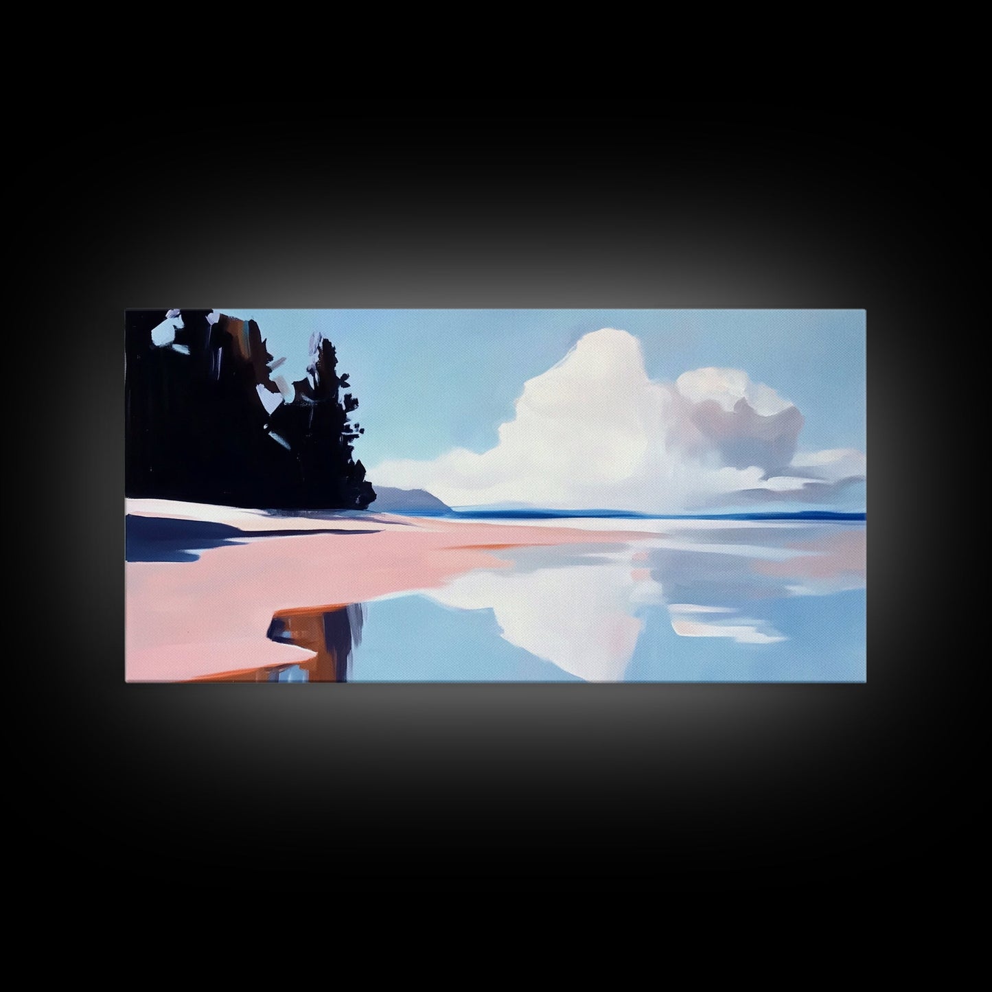 Bewölkte Meereslandschaft mit Spiegelung, ruhiger Küstendruck, minimalistische Meeresdekoration, sanfte Pastelllandschaft, Zen-Kunst für Zuhause, gerahmter Leinwanddruck fürs Schlafzimmer