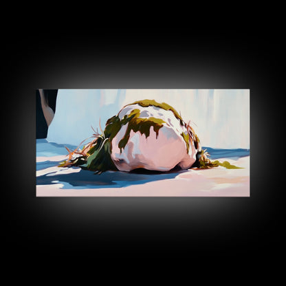 Moosbewachsener Felsen am Strand, Naturkunst am Meer, Erdiger Meeresdruck, Ruhige Zen-Dekoration, Organische minimalistische Ästhetik, Leinwanddruck fürs Wohnzimmer