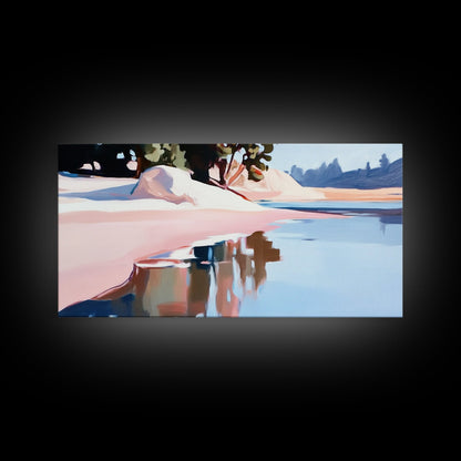 Küstenbaum, Dachüberstand, Leinwanddruck, vom Meer inspirierte Dekoration, moderne Strandwandkunst, pastellfarbene Meereslandschaft, ruhige Szenerie, tropisches Flair