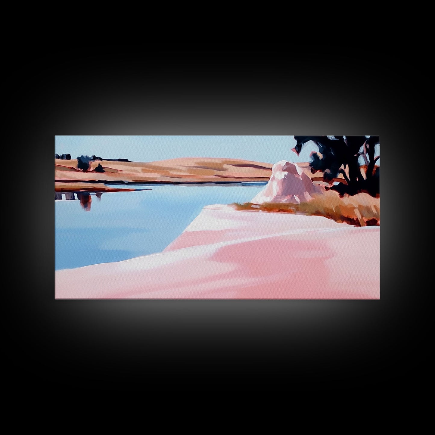 Tree on Shore, Lake Art, Natural Beauty, Rustic Decor, Tranquil Scene, Blue and Pink Palette, Serene Wall Art, Modern, Canvas Print