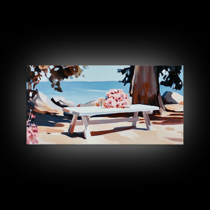 Strandpicknick, Essen am Meer, Sommerliche Wandbilder, Gerahmter Leinwanddruck, Küstendeko, Entspannende Atmosphäre, Küchenkunst, Maritime Ästhetik