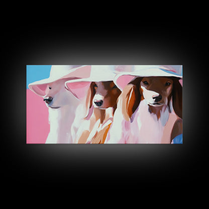 Stilvolle Hunde, Trendige Tierkunst, Ästhetischer Druck in Rosa, Modernes Haustierporträt, Verspielte Wandkunst, Dekoratives Dekor, Gerahmter Leinwanddruck