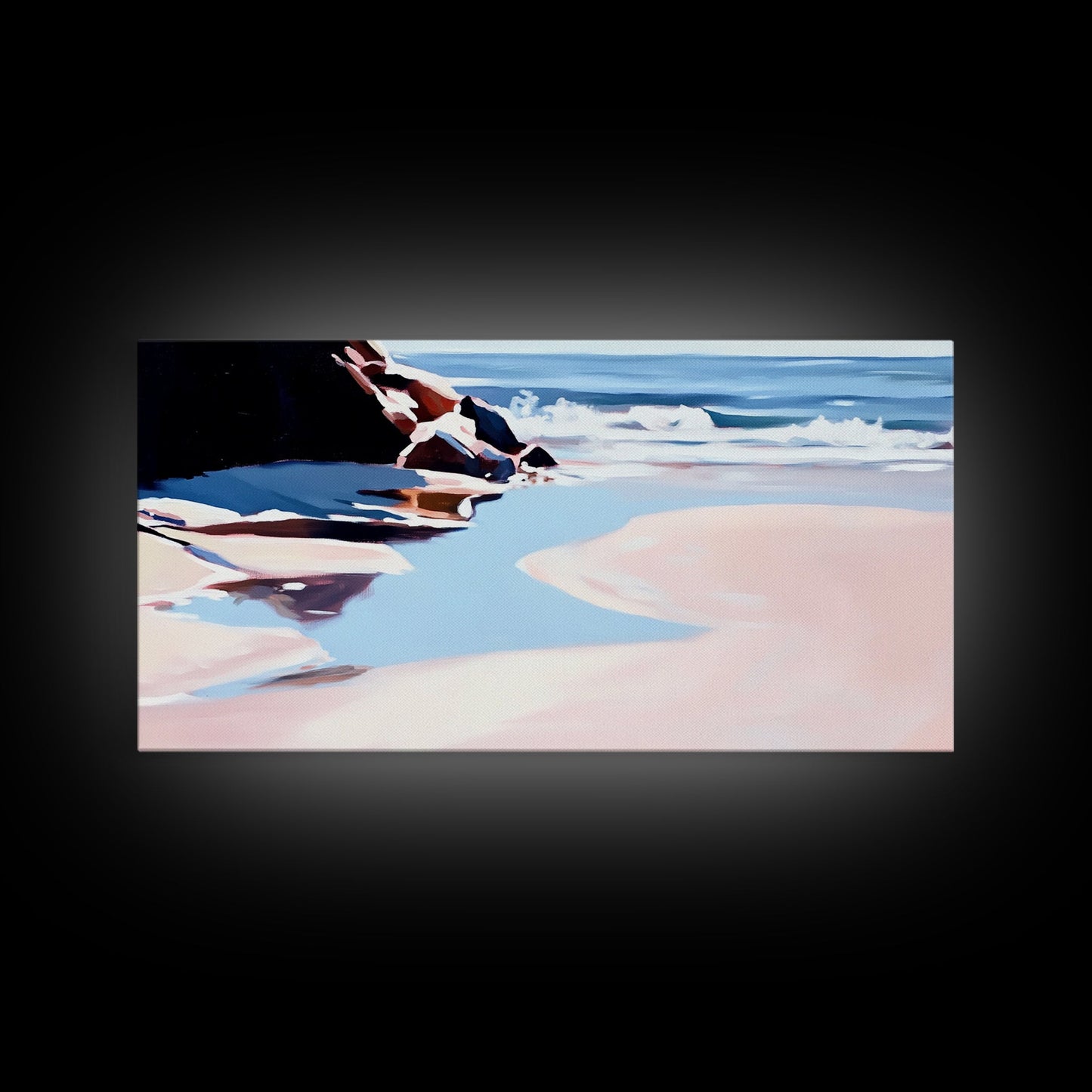 Ocean Shore, Tranquil Seascape Art, Pink Blue Horizon, Serene Beach Wall Decor, Relaxing Coastal Aesthetic, Canvas Print