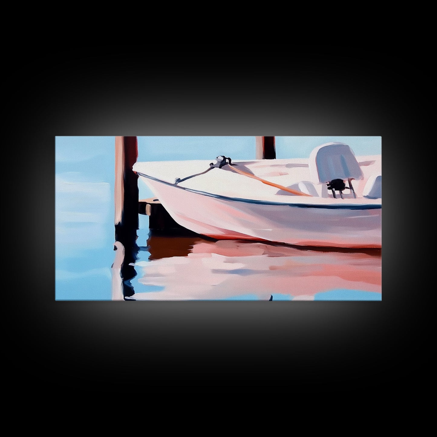 Segelboot-Ruhe, Nautische Kunst, Minimalistischer Boho-Stil, Blaue Küstendekoration, Spiegelung im ruhigen Wasser, Gelassene Ästhetik, Leinwanddruck, Eingangsbereich