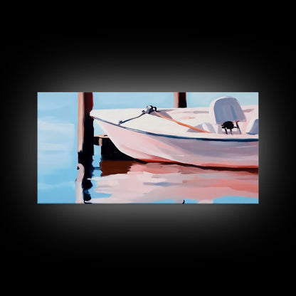 Segelboot-Ruhe, Nautische Kunst, Minimalistischer Boho-Stil, Blaue Küstendekoration, Spiegelung im ruhigen Wasser, Gelassene Ästhetik, Leinwanddruck, Eingangsbereich