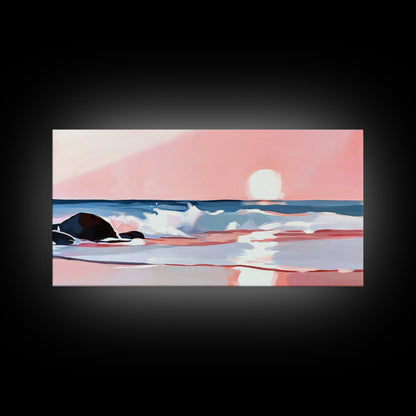 Sunset Beach, Ocean Waves, Framed Canvas Print, Coastal Wall Art, Pink Sky Painting, Living Room Decor, Tropical Seascape