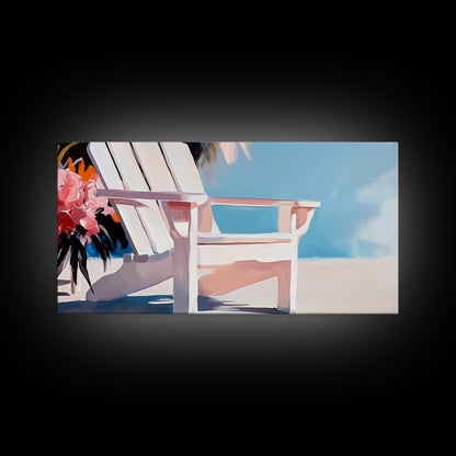 Strandstuhl, Sommerentspannung, Küstenkunst für draußen, Urlaubsästhetik, tropische Wohndekoration, minimalistische Pastellfarben, Leinwanddruck, Terrasse