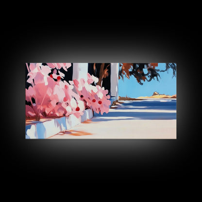 Flowers, Sunlit Walkway, Mediterranean Style Art, Floral Painting, Romantic Landscape, Framed Canvas Print, Outdoor Wall Art, Pastel Tones