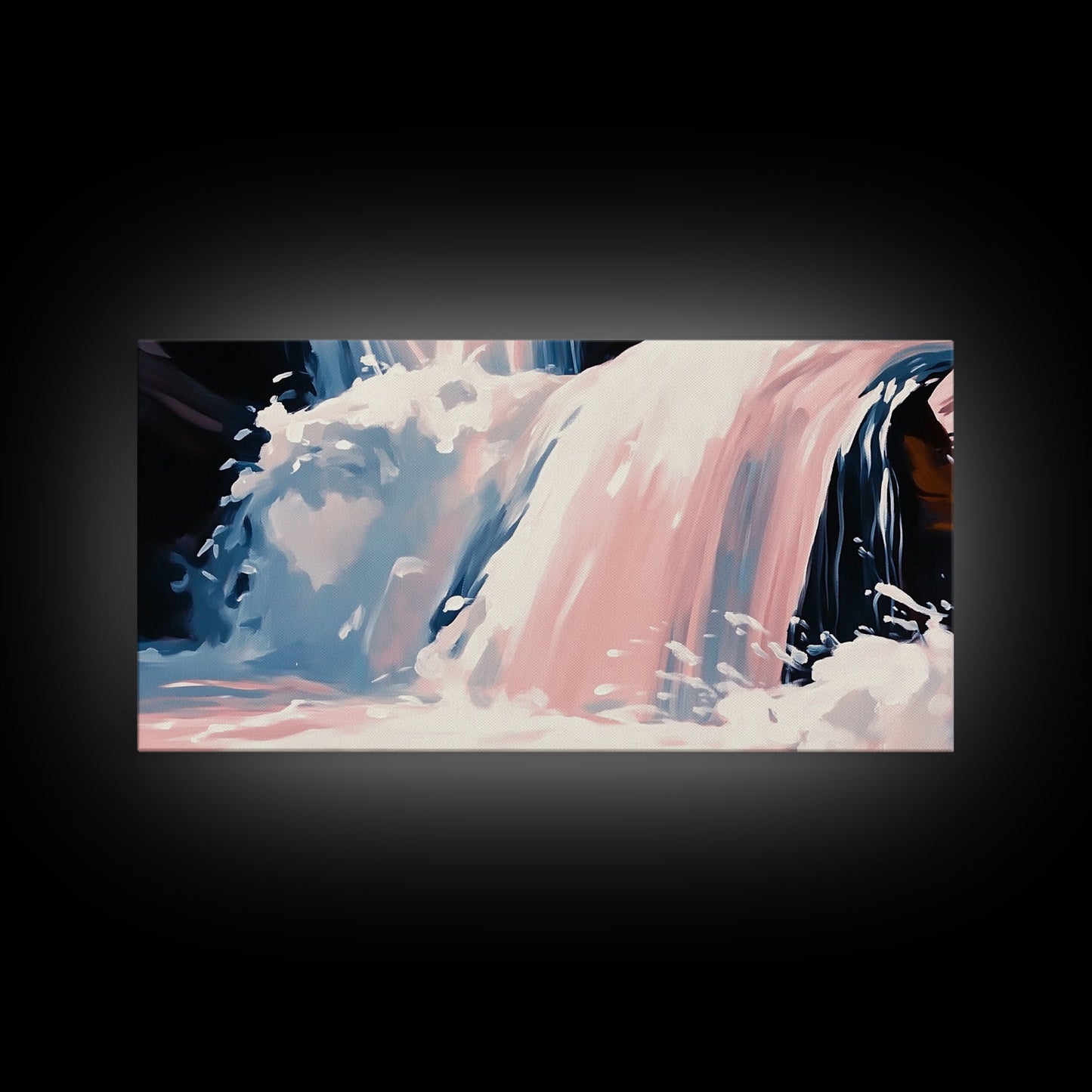 Wasserfallmotiv, Naturwandbild, Ruhige Landschaftskunst, Moderner minimalistischer Druck, Blau- und Rosatöne, Gerahmter Leinwanddruck, Wohnzimmerkunst