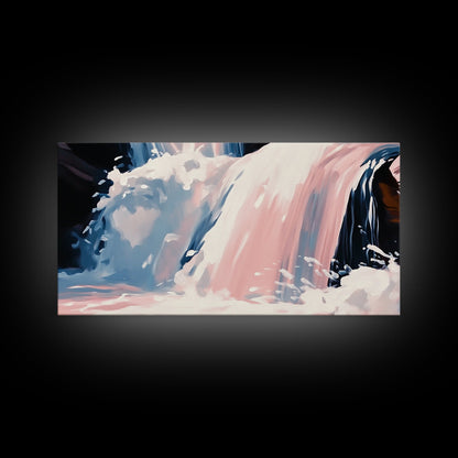 Wasserfallmotiv, Naturwandbild, Ruhige Landschaftskunst, Moderner minimalistischer Druck, Blau- und Rosatöne, Gerahmter Leinwanddruck, Wohnzimmerkunst