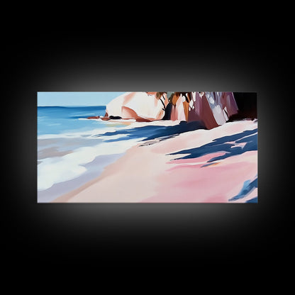 Meeresküste, Felsstrand, blaue Wellen, Leinwanddruck, moderne Küstenkunst, Strandhausdeko, Wandbild fürs Wohnzimmer, minimalistisches Meeresbild