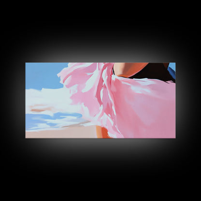 Fließendes Kleid, Strandwind, feminine Eleganz, modische Wandkunst, gerahmter Leinwanddruck, Meeresbrise, moderne Wohndekoration, zartrosa Ästhetik