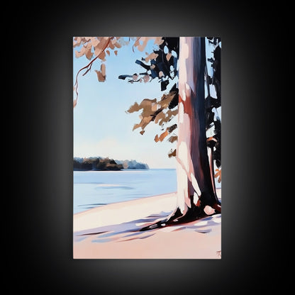 Lakeside Tree, Framed Canvas Print, Nature Wall Art, Serene Landscape, Beach House Decor, Tranquil Painting, Living Room Accent