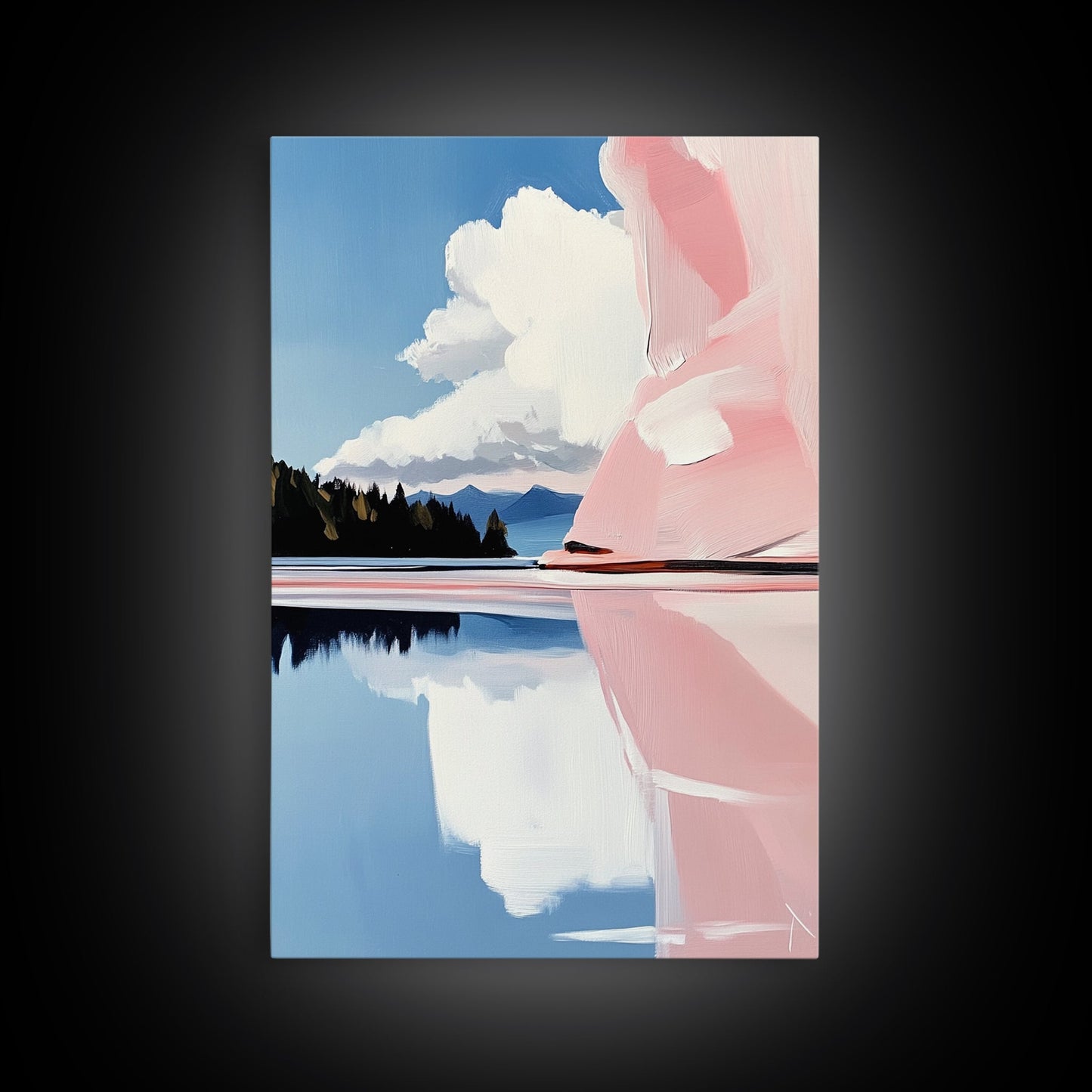 Pink Rock Reflection, Abstract Landscape, Serene Water Art, Framed Canvas Print, Modern Wall Decor, Minimalist Nature, Living Room Art
