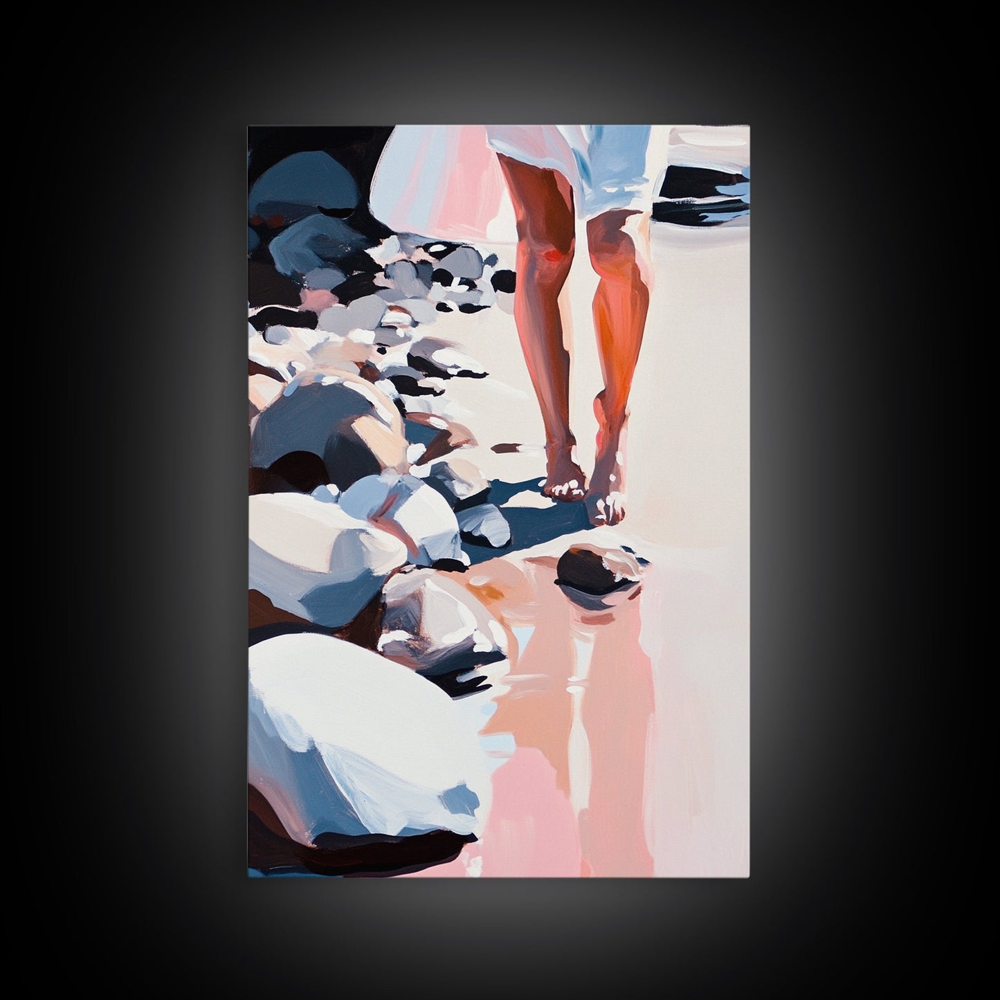 Walking on Rocks, Coastal Reflection, Beach Serenity, Soft Pastel Art, Framed Canvas Print, Nature Home Decor, Modern Wall Art