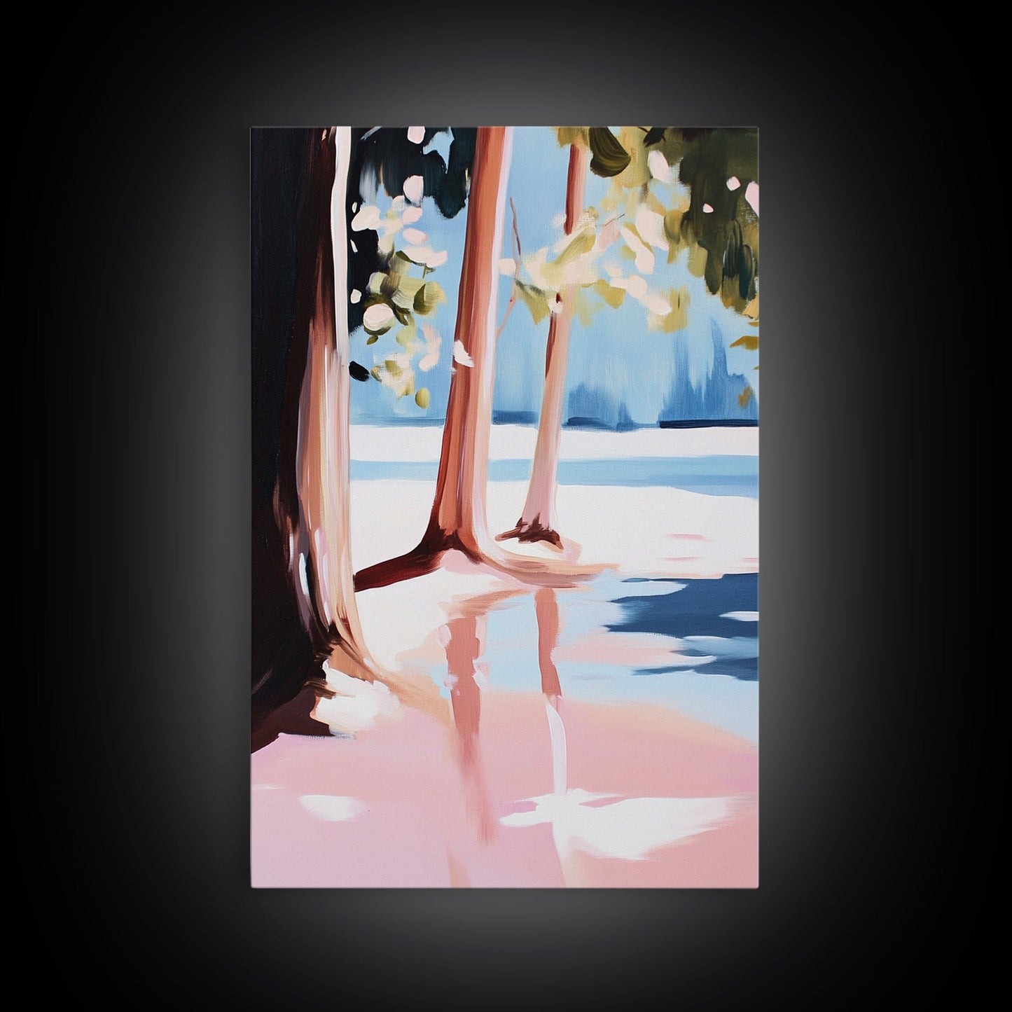 Sunset Reflection, Tranquil Beach, Serene Landscape, Ocean Serenity, Pink Skies, Relaxing Vibes, Framed Canvas Print, Living Room