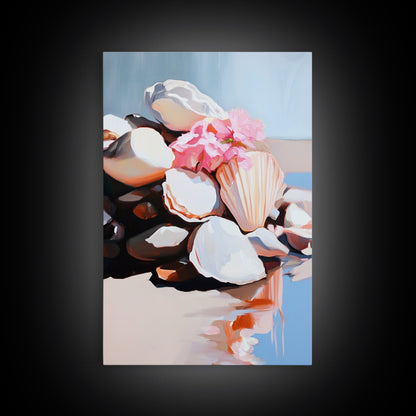 Seashell Collection, Beach Treasures, Coastal Aesthetic, Nautical Wall Art, Framed Canvas Print, Ocean Decor, Living Room Artwork