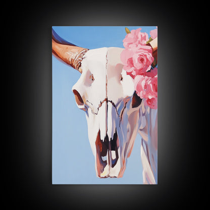 Longhorn Skull, Western Decor, Boho Wall Art, Rustic Home, Floral Art, Cowboy Aesthetic, Canvas Print, Bedroom Art, Southwestern Gift