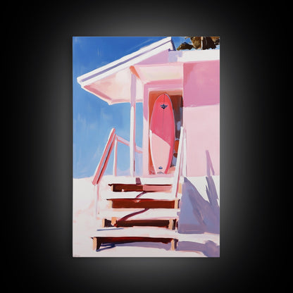 Surf Shack, Tropical Beach House Art, Framed Canvas Print, Pink Coastal Decor, Summer Vibes Wall Art, Relaxing Ocean Painting, Boho Chic