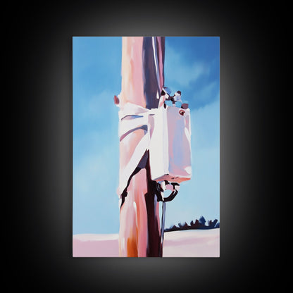 Rustic Pole, Coastal Minimalist Art, Framed Canvas Print, Boho Beach Decor, Nautical Painting, Seaside Home Aesthetic, Pastel Artwork