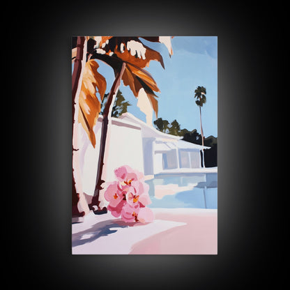 Tropical, Palm Trees, Poolside, Framed Canvas Print, Modern Beach House Art, Vibrant Wall Decor, Summer Vibes, Aesthetic Living Room Art