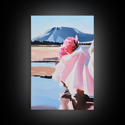 Floral, Pink Bouquet, Nature Art, Framed Canvas Print, Feminine Wall Decor, Boho Home Art, Blue Painting, Living Room Wall Art