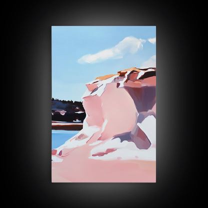 Pink Cliffs, Coastal Beauty, Ocean Landscape, Soft Pastel Art, Nature Inspired, Tranquil Scenery, Boho Wall Art, Framed Canvas Print