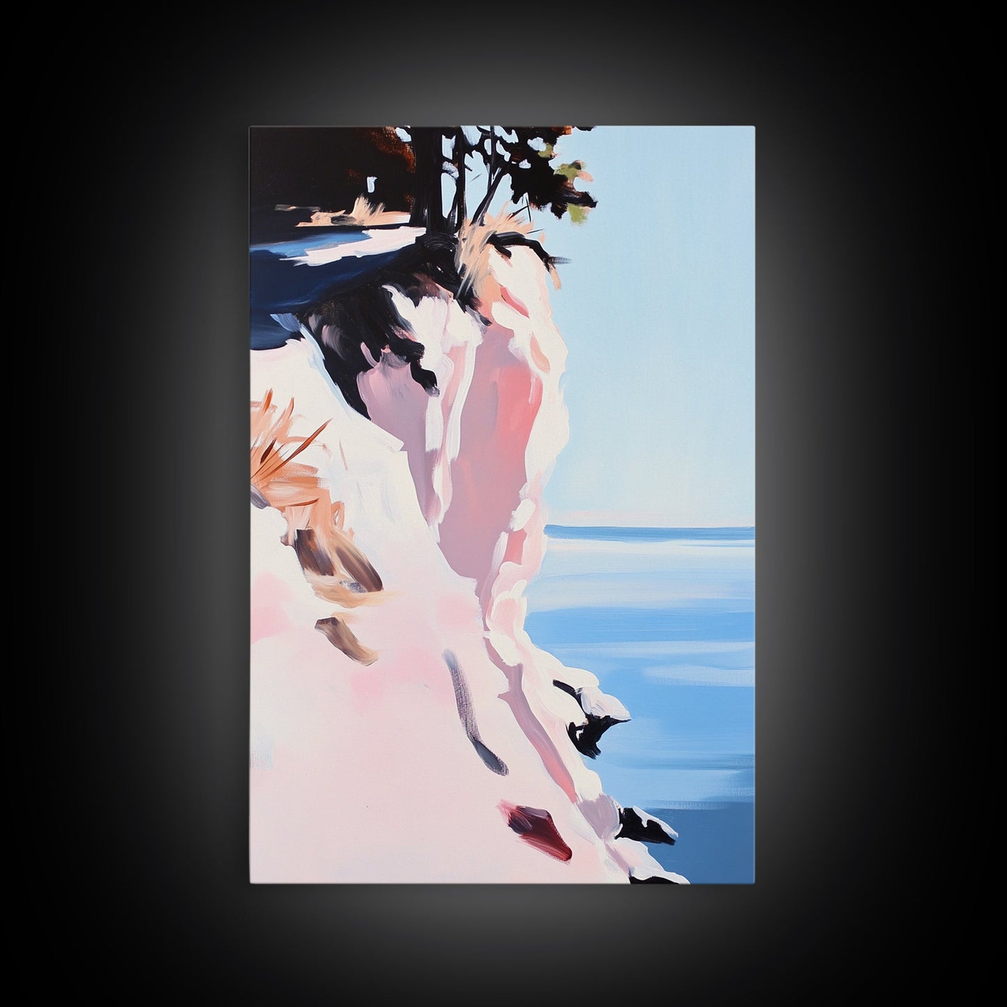 Cliffs and Water, Nature Wall Art, Minimalist Landscape, Coastal Home Decor, Blue and Pink Art, Framed Canvas Print, Office Wall Decor