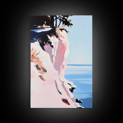 Cliffs and Water, Nature Wall Art, Minimalist Landscape, Coastal Home Decor, Blue and Pink Art, Framed Canvas Print, Office Wall Decor