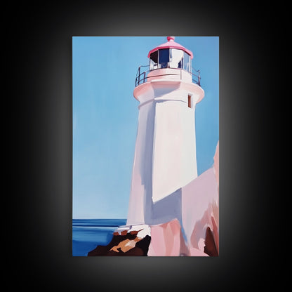 Lighthouse View, Nautical Wall Art, Beach House Decor, Ocean Scene Painting, Coastal Style, Framed Canvas Print, Bathroom Wall Art