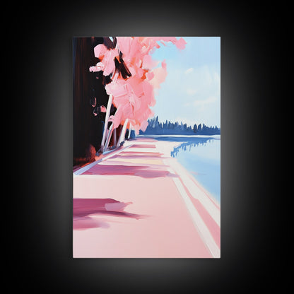 Mediterranean Steps, Coastal Wall Art, Santorini Print, Blue and Pink Decor, Travel Painting, Framed Canvas Print, Living Room Art