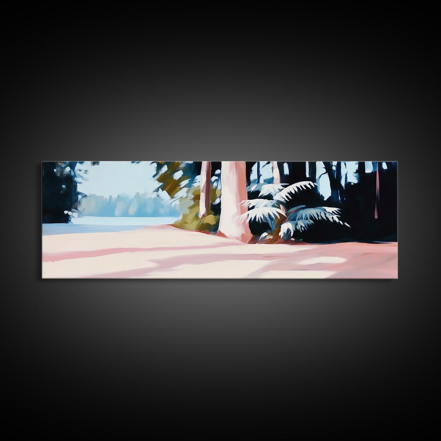 Waldweg, sonnenbeschienene Bäume, idyllische Natur, gerahmter Leinwanddruck, beruhigende Wanddekoration, moderne Landschaftsmalerei, Wohnzimmerkunst, gemütliche Einrichtung