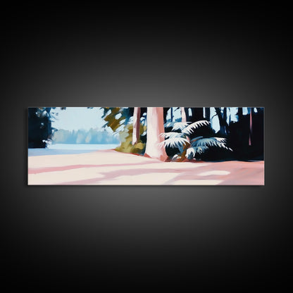 Waldweg, sonnenbeschienene Bäume, idyllische Natur, gerahmter Leinwanddruck, beruhigende Wanddekoration, moderne Landschaftsmalerei, Wohnzimmerkunst, gemütliche Einrichtung