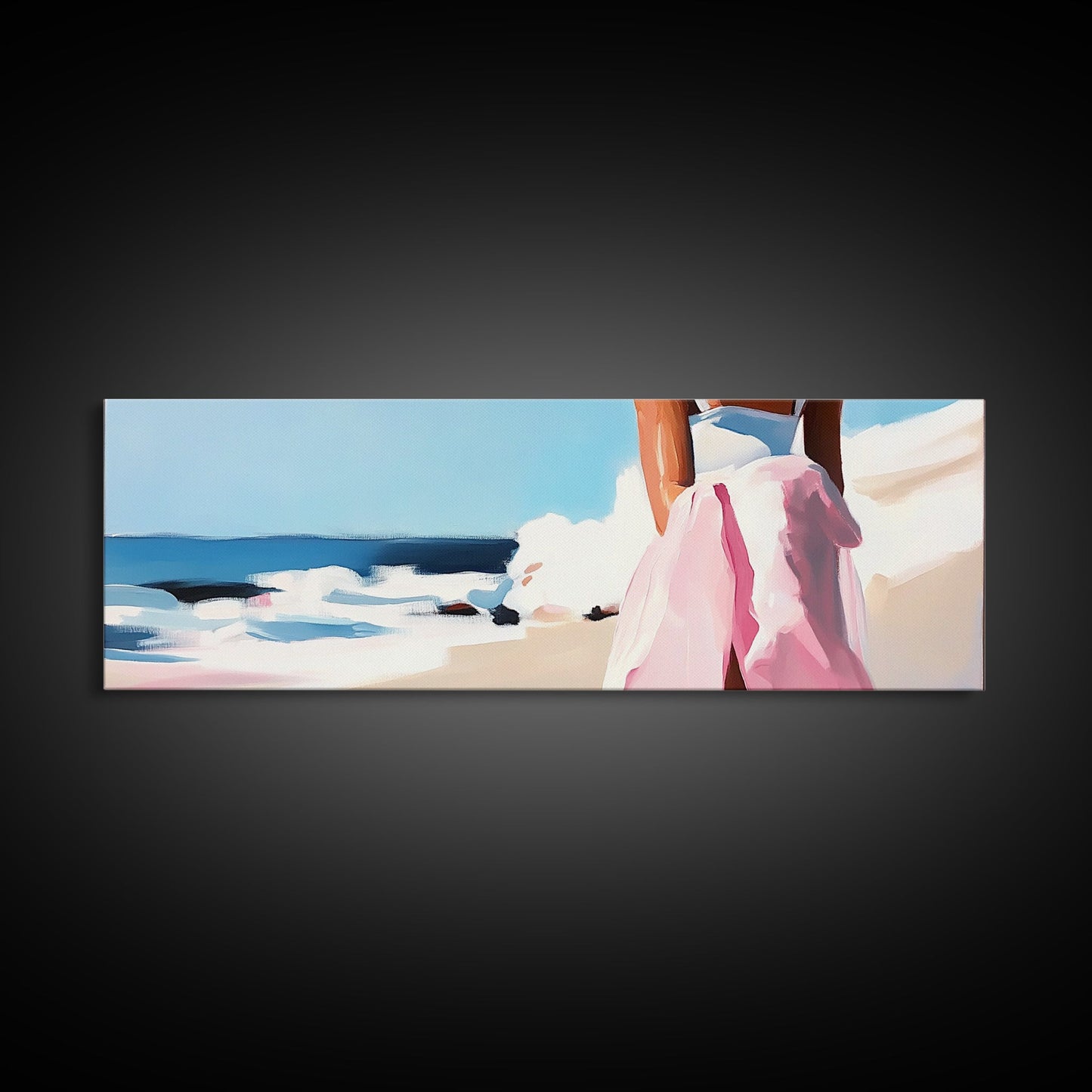 Ocean Waves, Pink Skirt, Windy Shoreline, Framed Canvas Print, Coastal Wall Art, Beach Home Decor, Minimalist Aesthetic, Ocean Scene