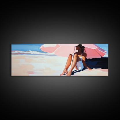 Woman Under Umbrella, Beach Relaxation, Summer Scene, Framed Canvas Print, Minimalist Boho Art, Seaside Wall Decor, Nautical Artwork