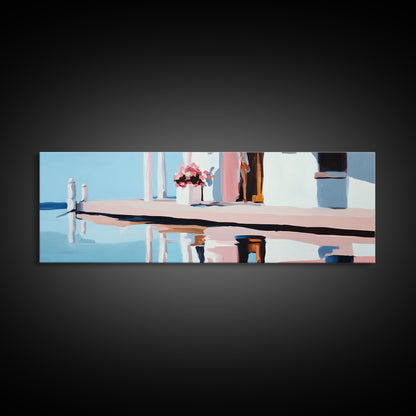 Poolside Reflection, Elegant Patio, Coastal Artwork, Framed Canvas Print, Summer Aesthetic, Modern Living Room Decor, Soft Blues