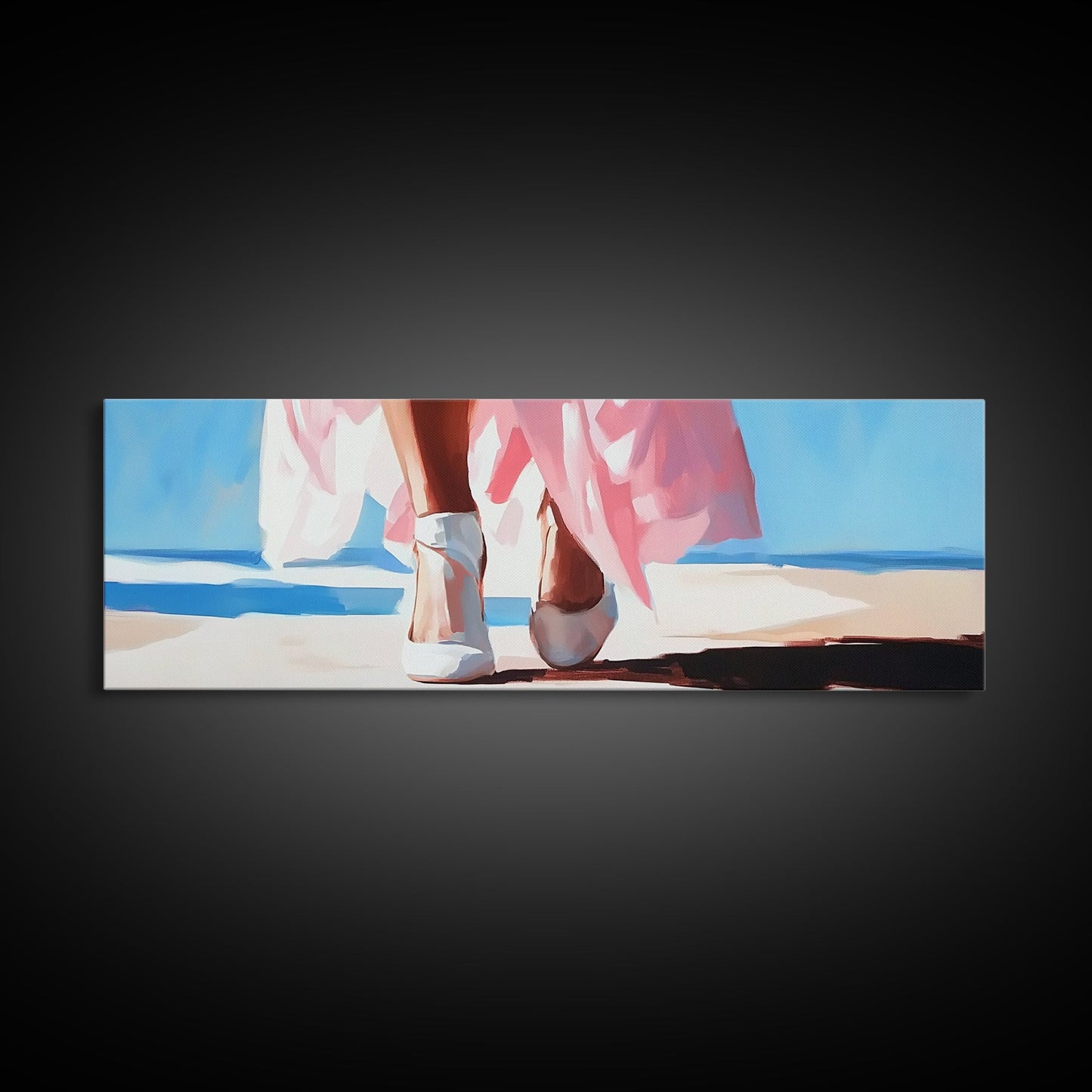 Walking on Beach, Pink Skirt, Ocean Waves, Coastal Feminine Art, Elegant Wall Decor, Canvas Print, Bedroom Wall Art, Summer Aesthetic