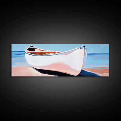 Weißes Kanu, Küstenwandbild, maritime Ästhetik, gerahmter Leinwanddruck, minimalistisches Bootsbild, maritime Kunst für Strandhäuser, Meeresdeko