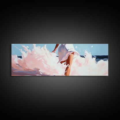 Woman in Waves, Coastal Elegance, Romantic Beach Art, Canvas Print, Ocean Aesthetic, Dreamy Home Decor, Living Room Wall Art